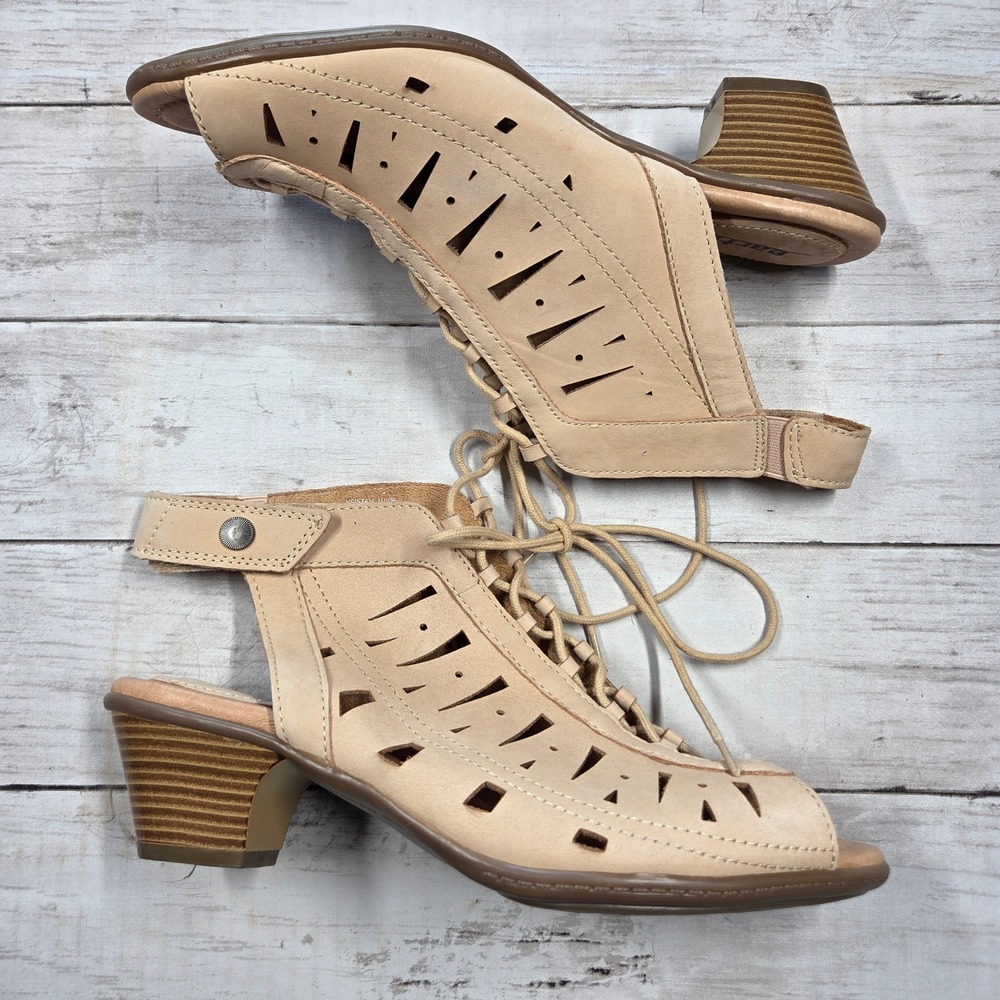 Earth Kristen Wide Sandals Women 9D Nude Leather Lace Up Laser Cut Block Heel